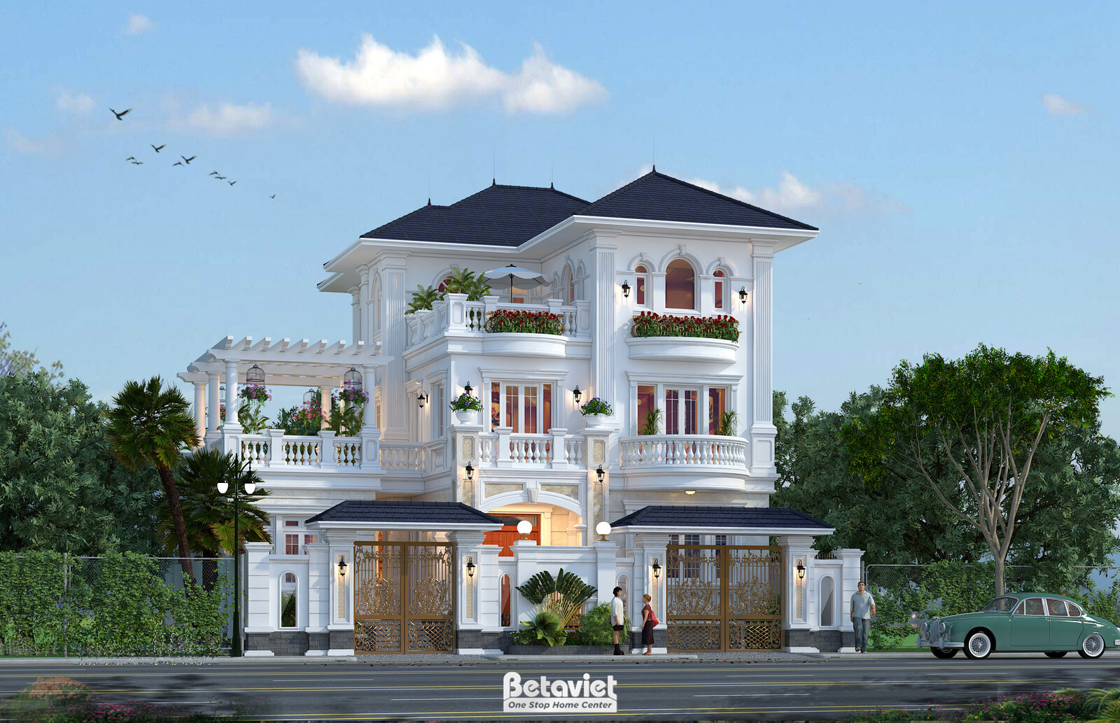 Biệt thự 3 tầng tân cổ điển KT18014 – phối cảnh mặt tiền