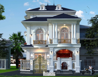 Phối cảnh mặt tiền biệt thự nhìn từ góc chéo ban ngày, hệ cột tròn trắng nổi bật hai tầng, ban công lan can sắt vàng đồng…