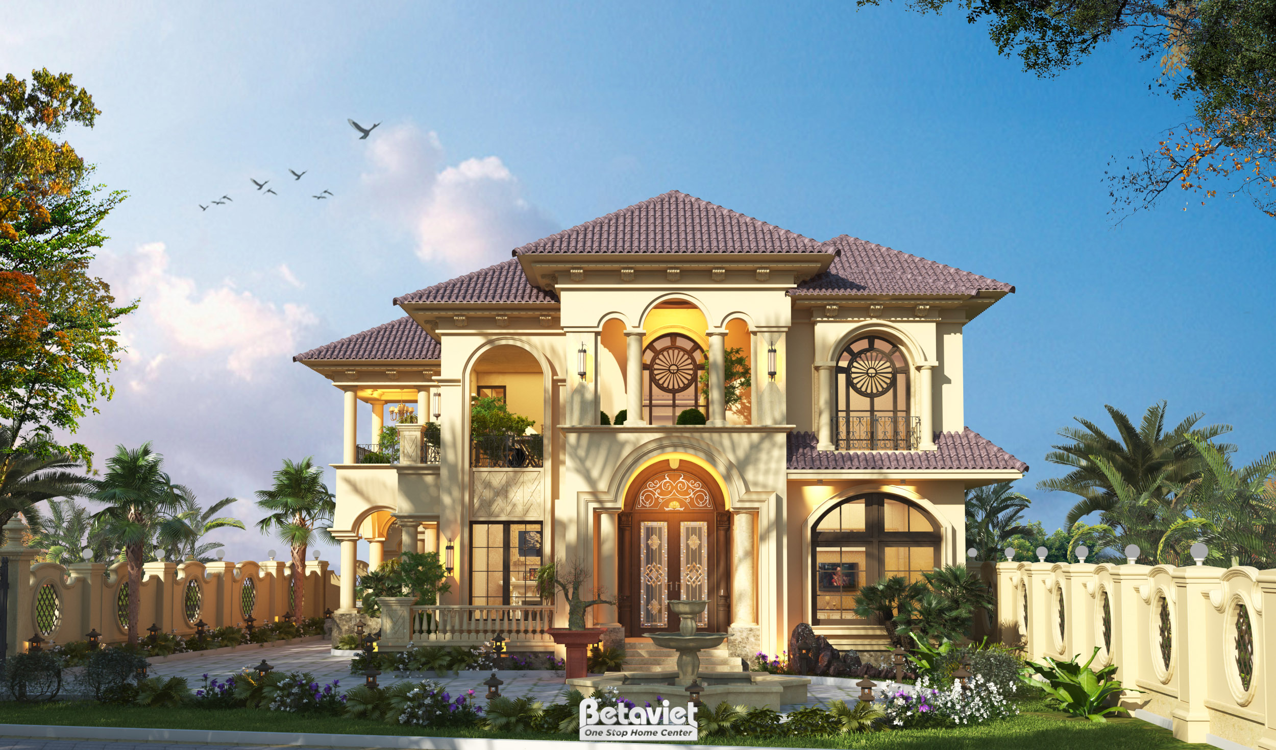 Thiết kế dinh thựcó sân vườn phong cách Địa Trung Hải 2 tầng tại Hải Dương KT21109