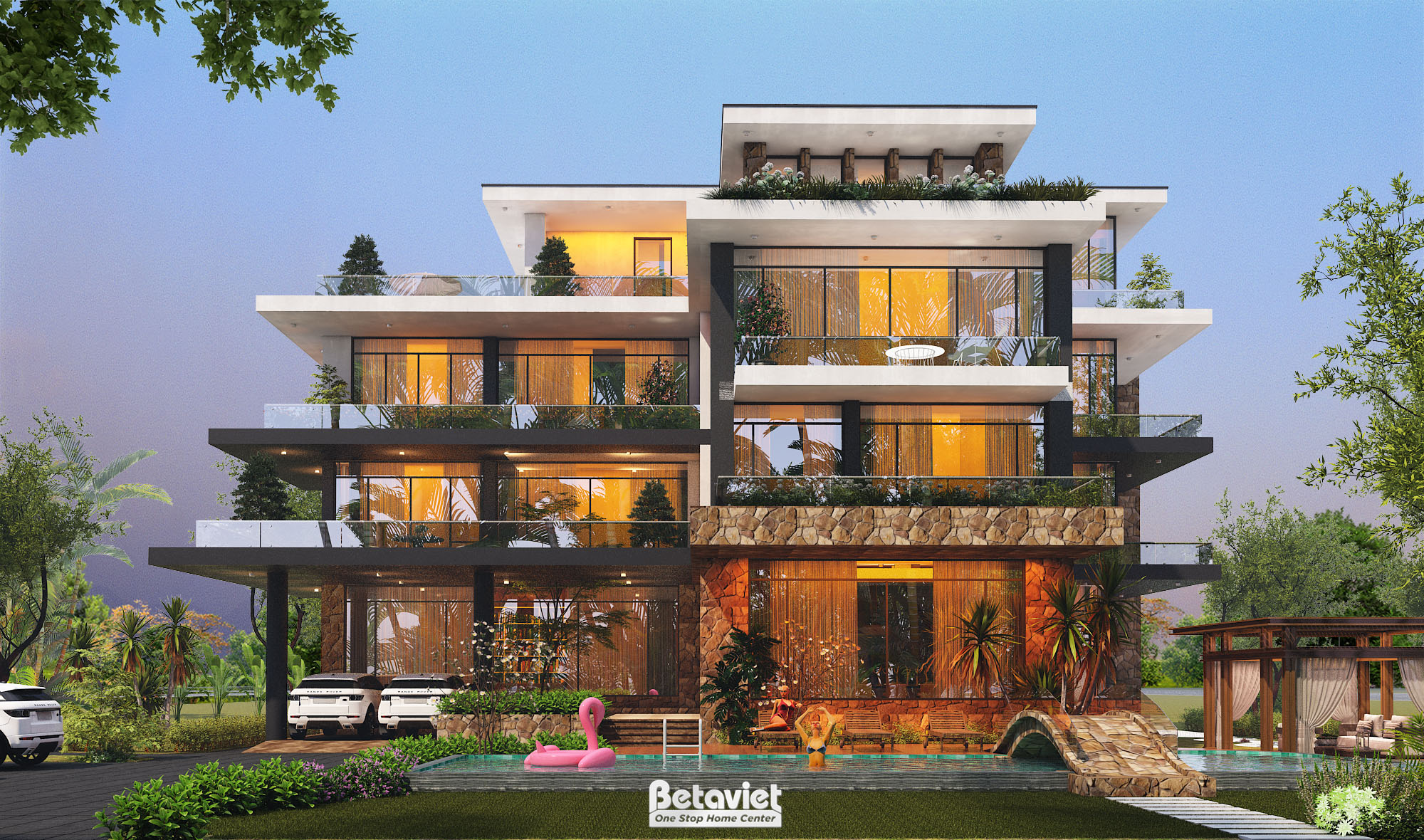thiết kế biệt thự 2 mặt tiền rộng 2000m2 với kiểu dáng Hàn Quốc hiện đại và tân tiến
