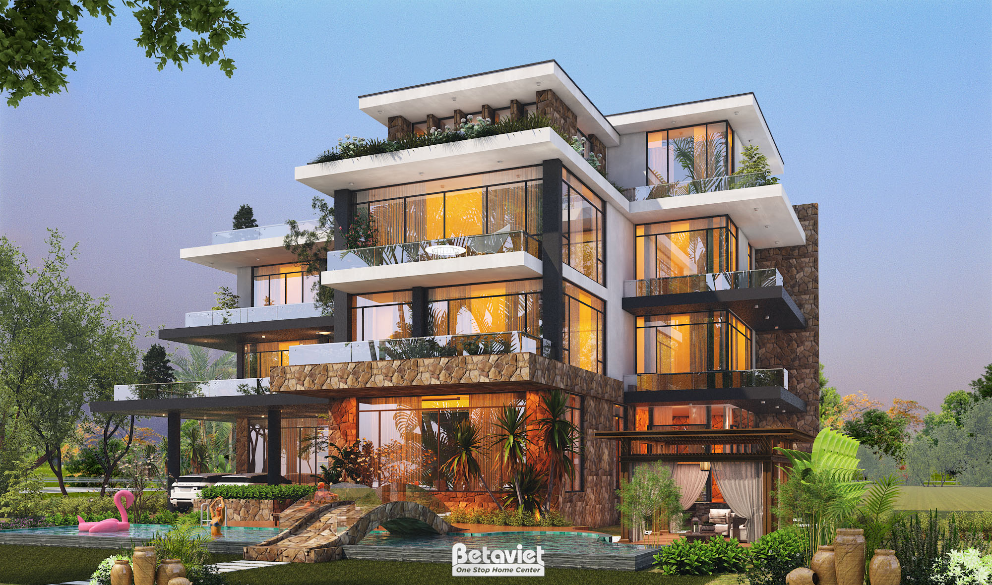 Thiết kế dinh thự 4 tầng phong cách Hàn Quốc hiện đại 2000m2 có bể bơi tại Hà Nội KT22010