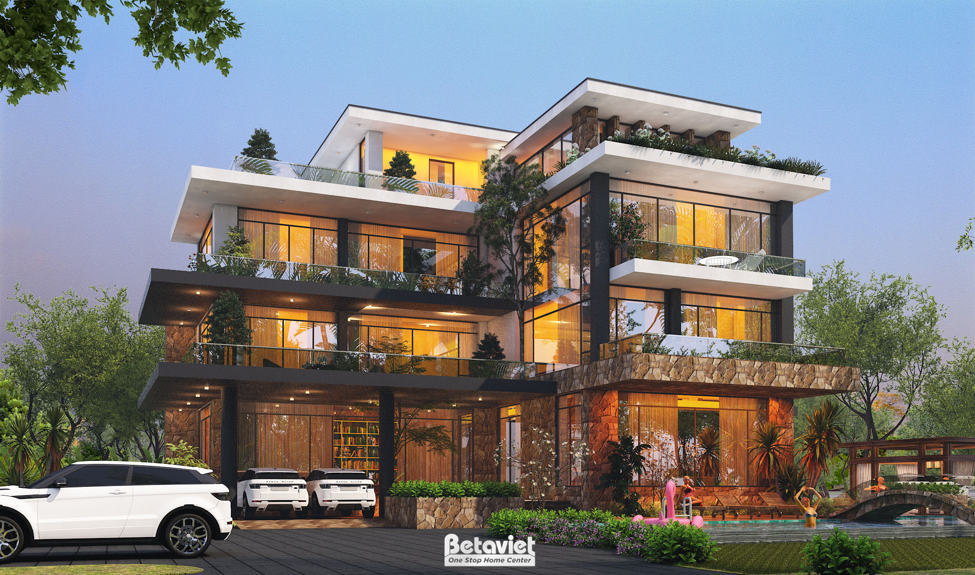 Thiết kế dinh thự Hàn Quốc có sân vườn phong cách hiện đại rộng 2000m2 có bể bơi tại Hà Nội KT22010