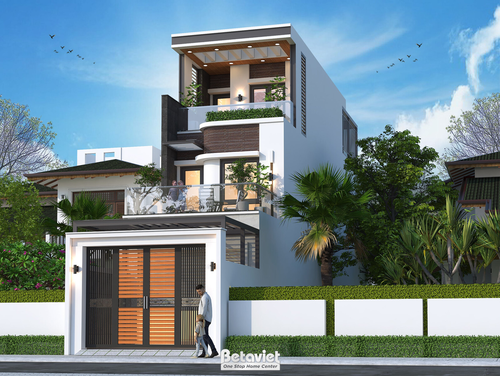 Phối cảnh mặt tiền với mảng ốp tối màu xám đen tại khối ban công tầng 3, tạo điểm nhấn tương phản với nền tường trắng, sân…