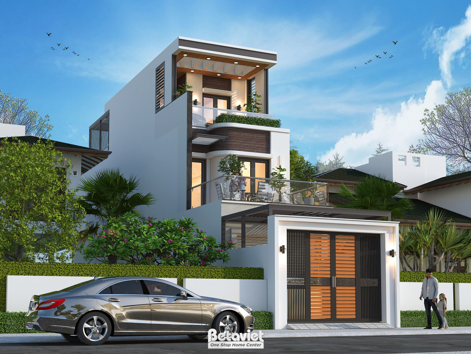 Góc chụp cận mặt tiền biệt thự, nhấn rõ khối ban công kính cường lực tầng 2 và hệ lam gỗ che nắng ở tầng mái, cửa gara gỗ…