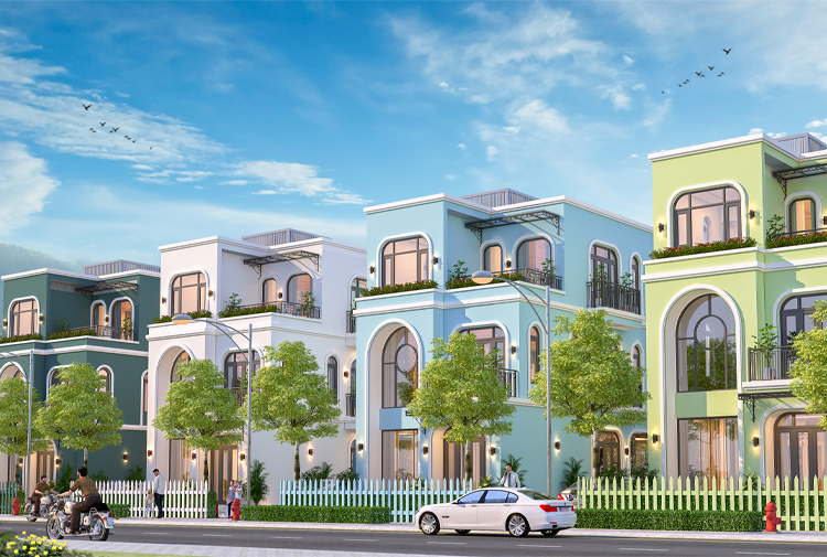 Dãy biệt thự liền kề 3 tầng hiện đại tại Hưng Yên KT22184 – phối cảnh toàn cảnh từ vỉa hè