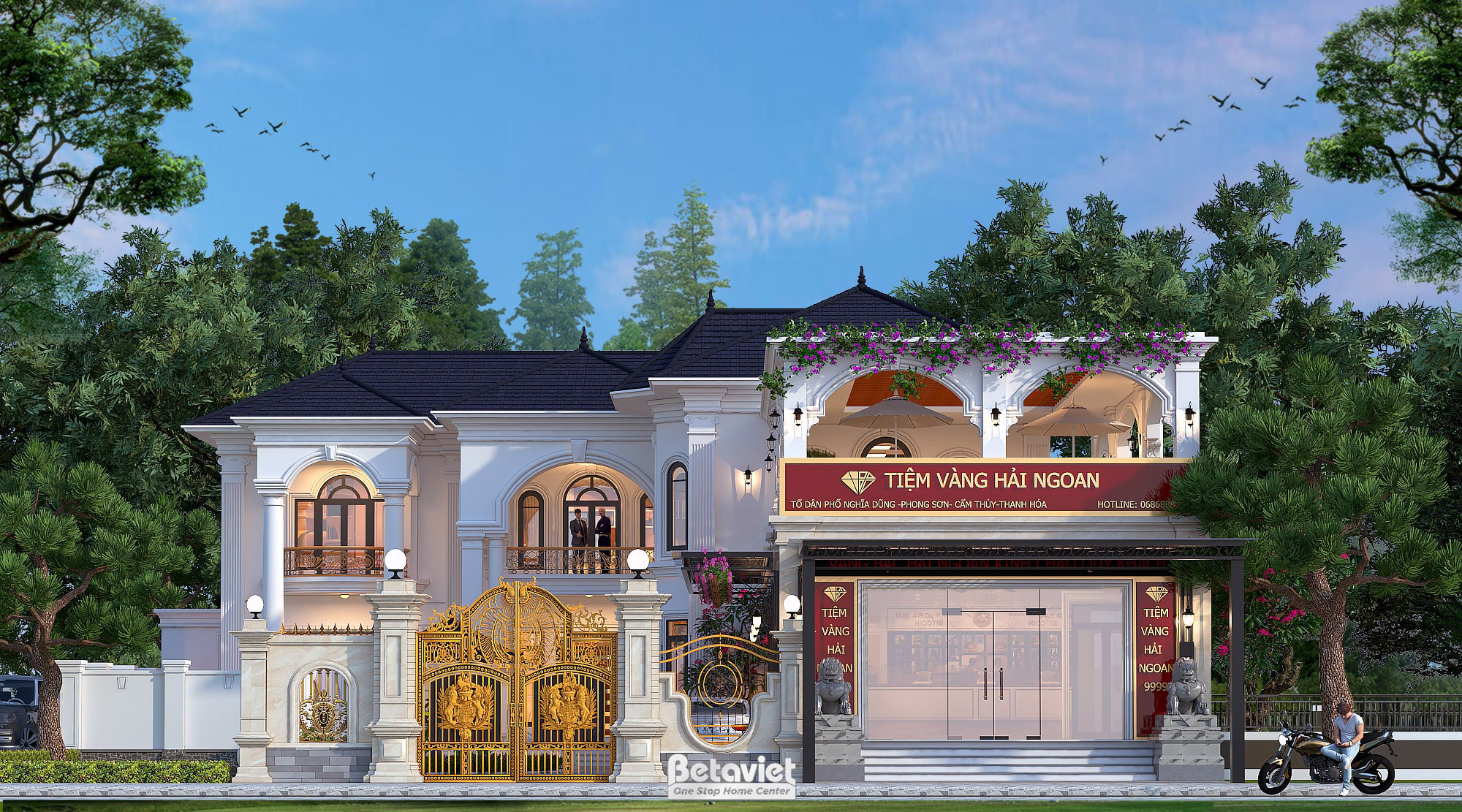 thiết kế biệt thự 2 mặt tiền được gia chủ yêu cầu để làm kinh doanh vàng bạc đá quý