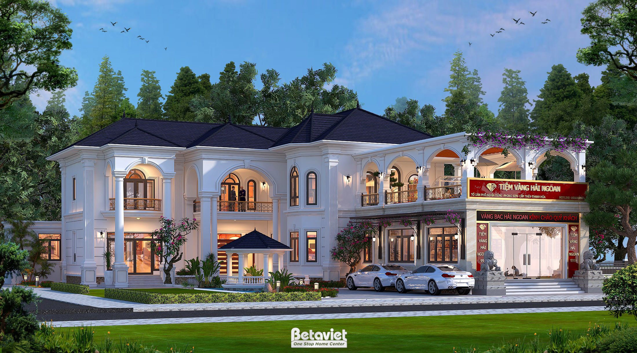 Thiết kế biệt thự tân cổ điển 2 tầng kiểu Nhật bán cổ điển hình chữ L tại Thanh Hóa KT22119