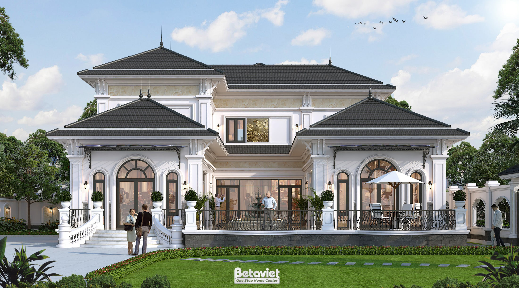 Thiết kế mặt tiền dinh thự kiểu Nhật 2 tầng tân cổ điển tại Tuyên Quang KT24020
