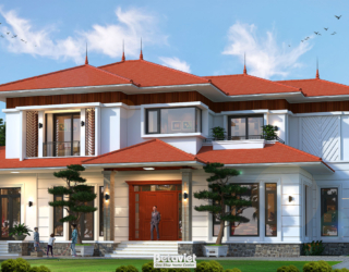 Góc chụp lệch trái cho thấy khối phòng ngủ tầng hai với ban công lam gỗ chắn nắng, tường trắng xen ô cửa kính, mái ngói đỏ…
