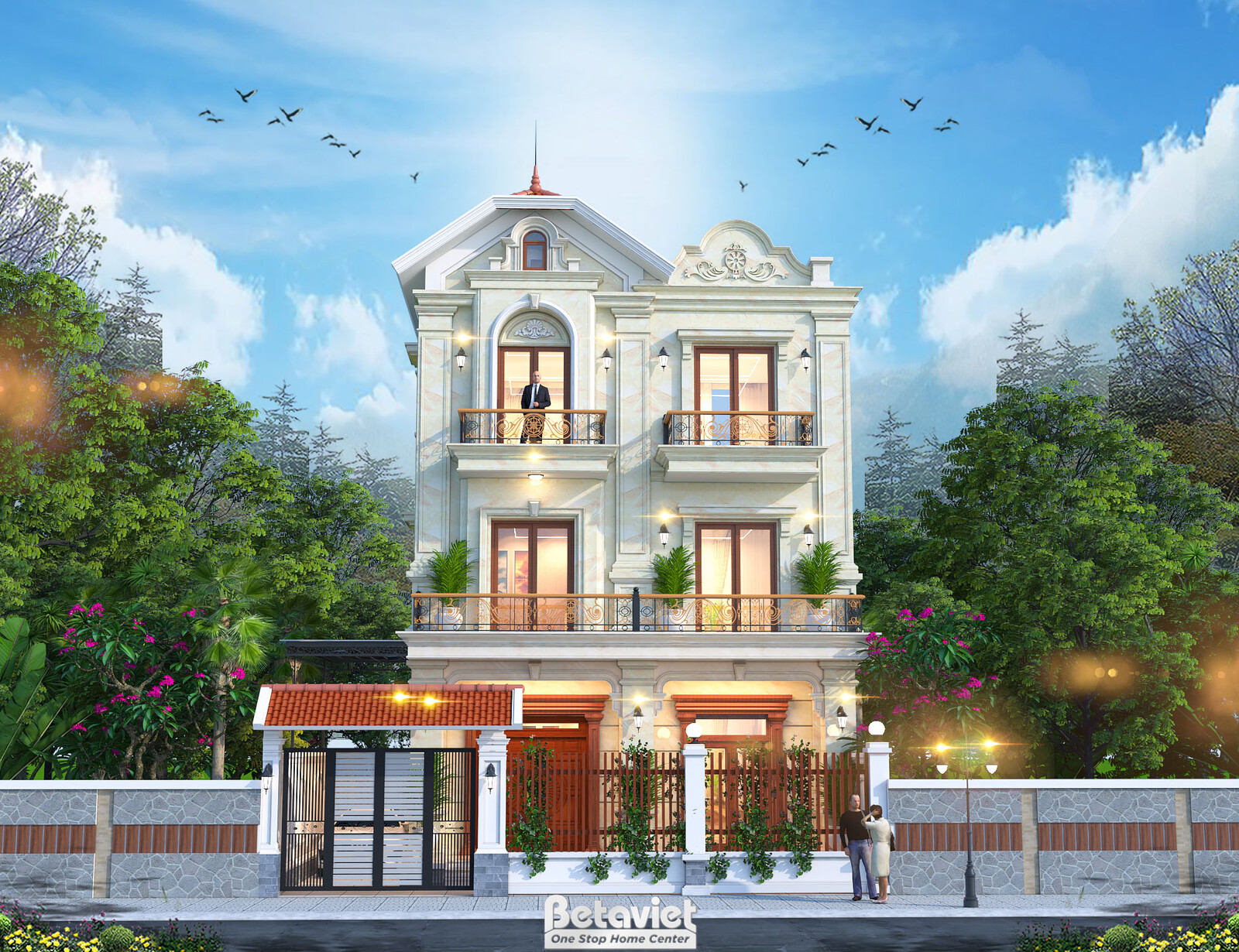 Biệt thự 3 tầng kiểu Pháp KT22058 – phối cảnh mặt tiền
