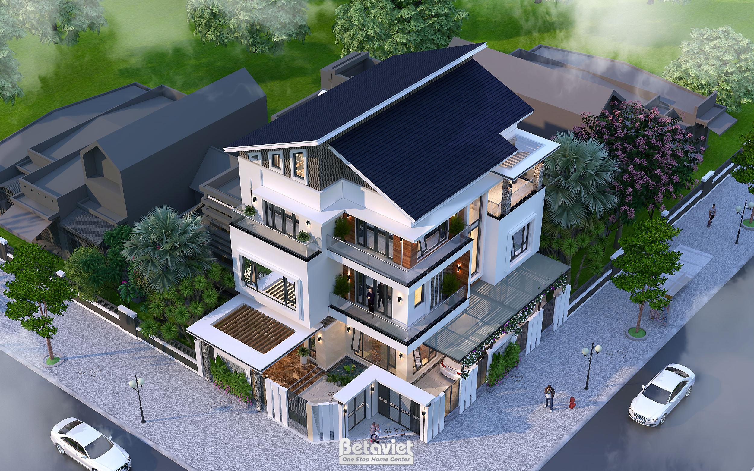 Thiết kế biệt thự hiện đại lô góc 4 tầng 2 mặt tiền tại Hà Nội KT22117