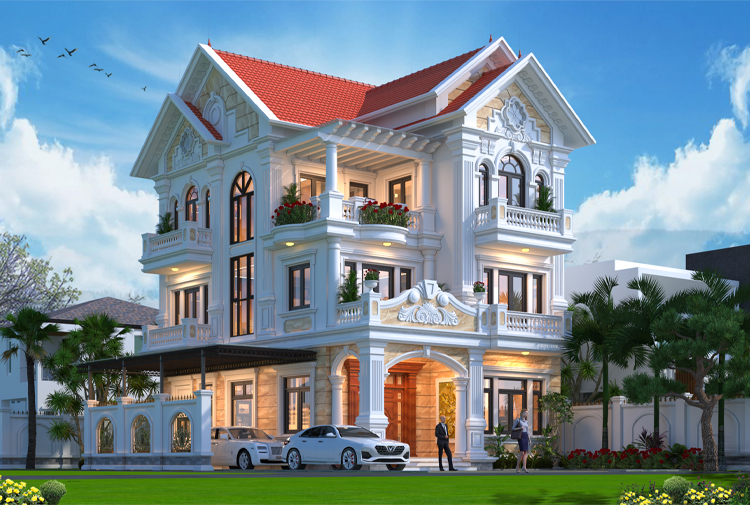 Biệt thự kiểu Pháp 3 tầng KT21087 tại Hà Nội – phối cảnh góc thấp