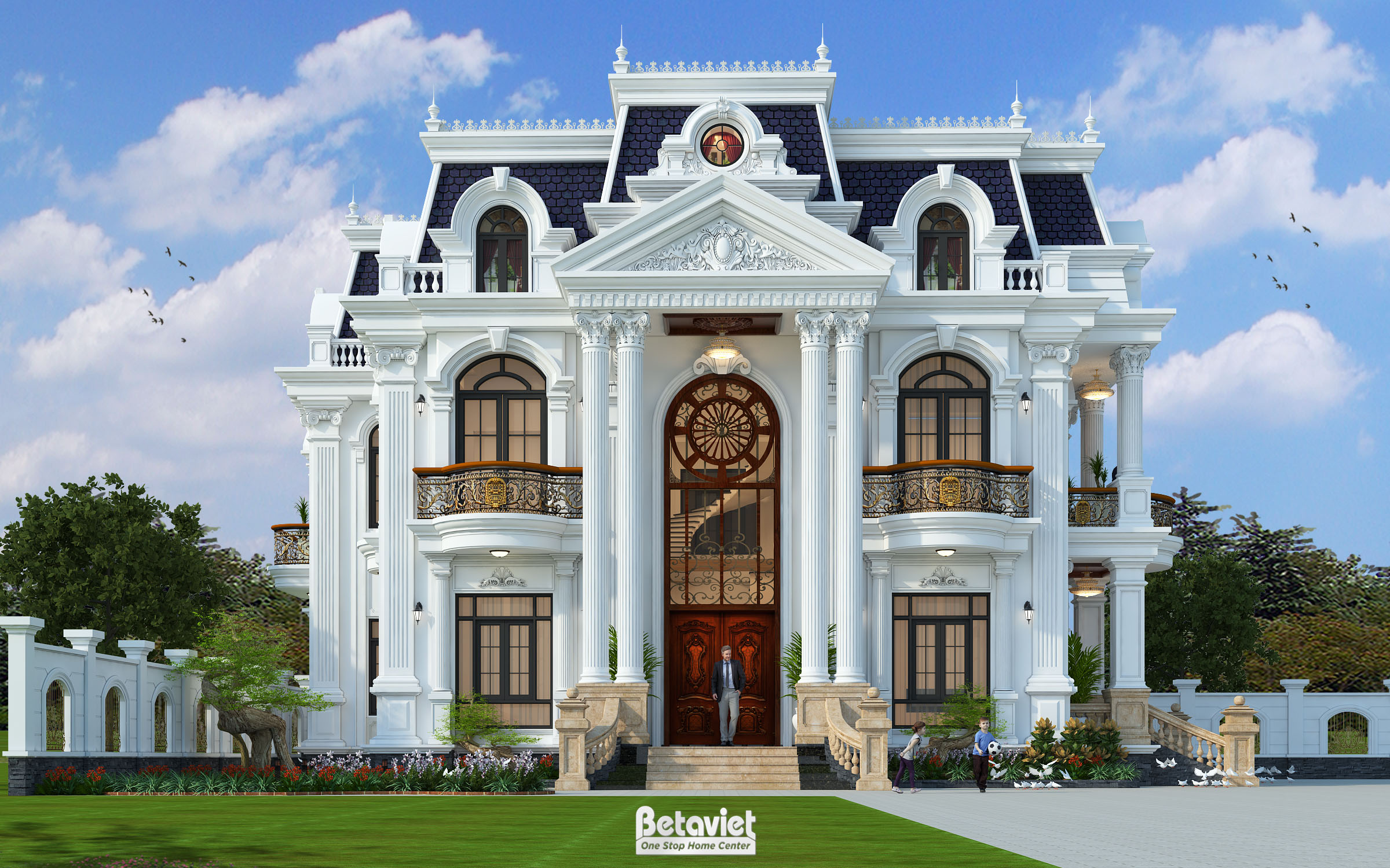 Thiết kế biệt thự cổ điển 2 tầng mái Mansard tại Bắc Ninh KT23371