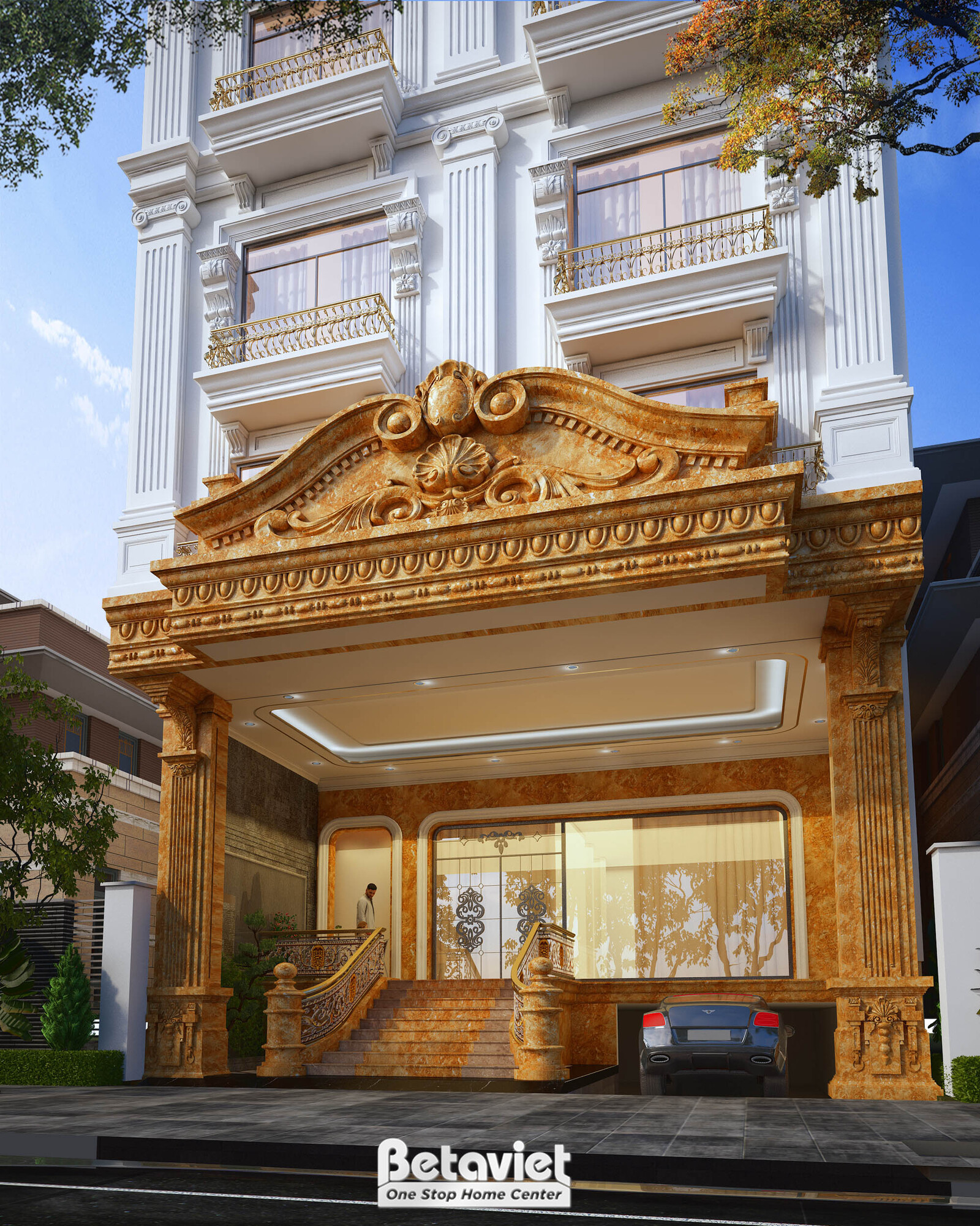 Cận cảnh khối đế sảnh chính, cổng vòm chạm khắc hoa văn vàng đồng cầu kỳ kiểu baroque, cột trụ ốp đá, cửa kính lớn, xe hơi…