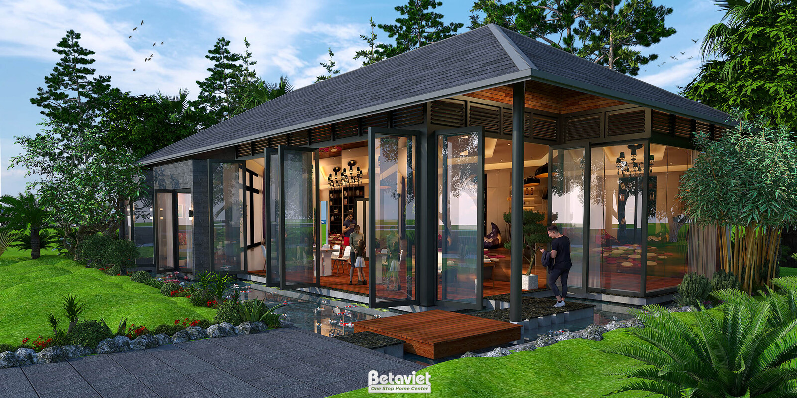 Toàn cảnh mặt tiền biệt thự ban ngày, mái ngói dốc xám nhô rộng che nắng, hệ cửa kính lớn kết nối phòng khách với sân vườn…