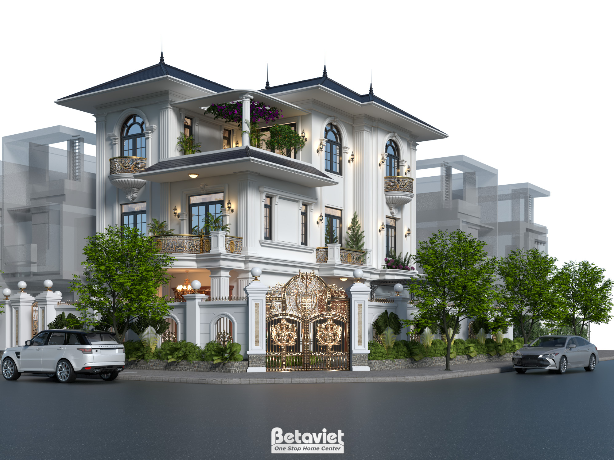 Thiết kế kiến trúc biệt thự góc tân cổ điển 3 tầng KĐT Khả Lễ 2 KT22142