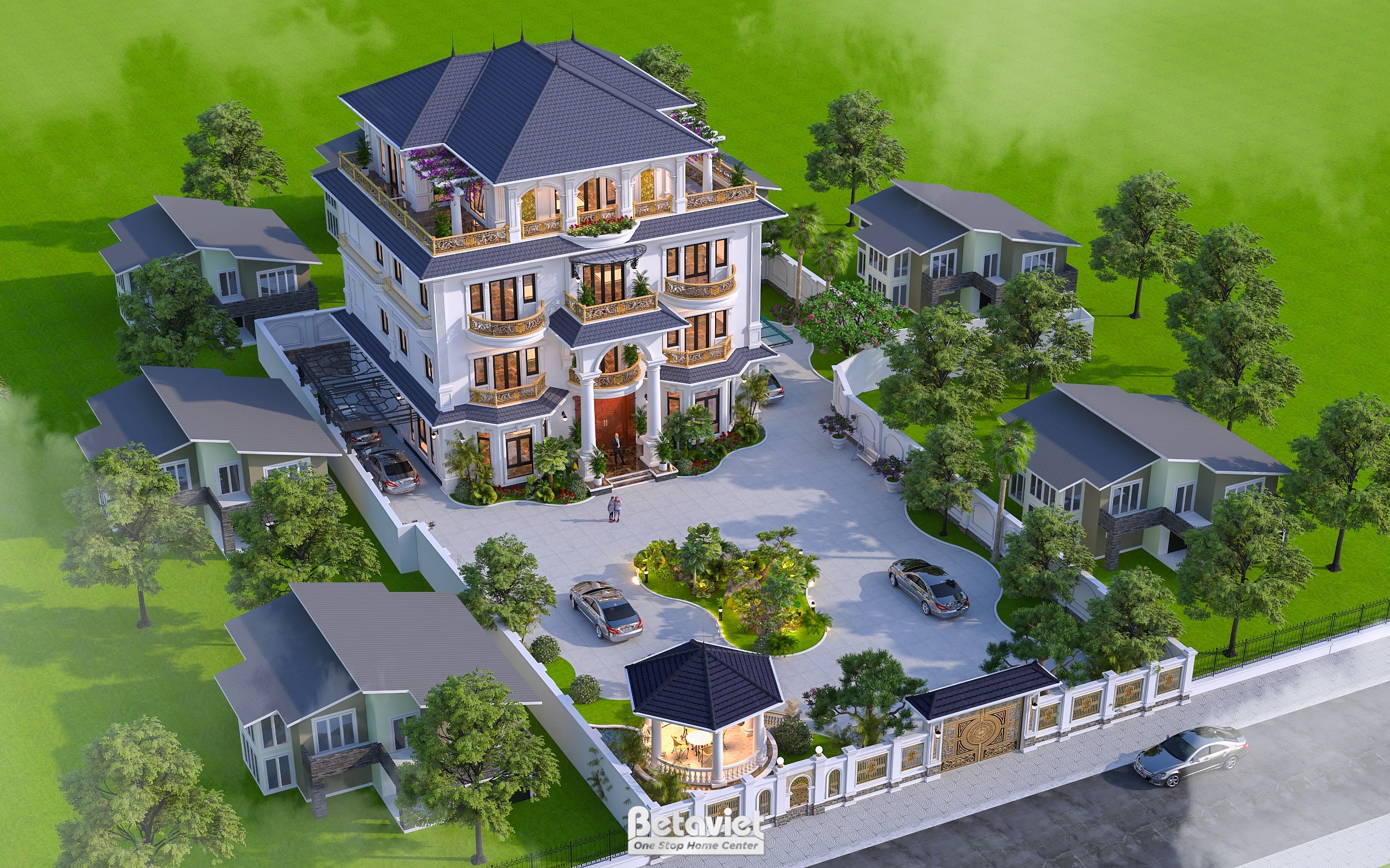 Thiết kế kiến trúc dinh thự 4 tầng tân cổ điển mái Nhật 1400m2 KT23065