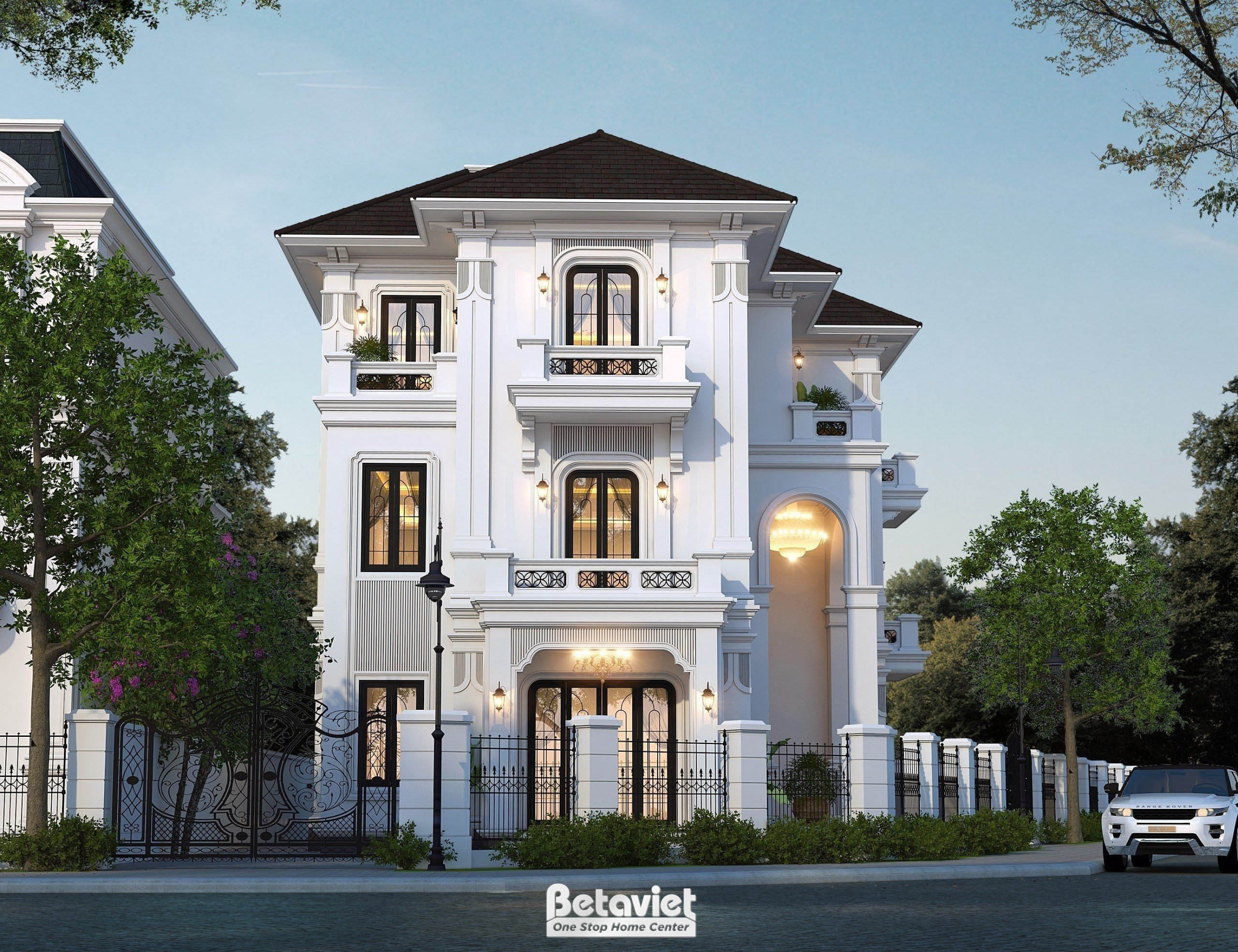 Thiết kế kiến trúc Indochine biệt thự góc 3 tầng tại Ninh Bình KT23377