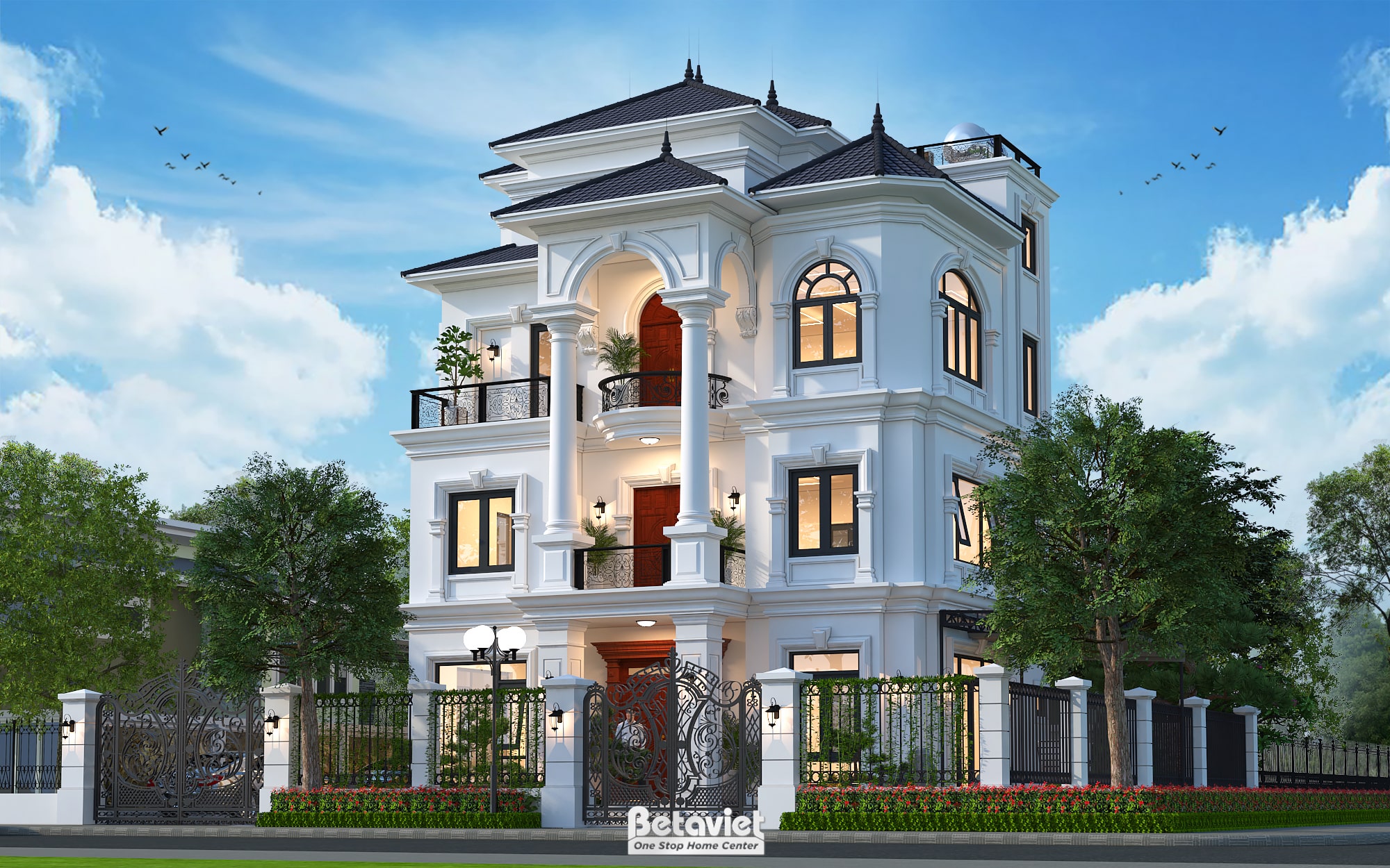 Thiết kế biệt thự góc tân cổ điển 4 tầng KĐT Vinhomes Green Villas KT22194