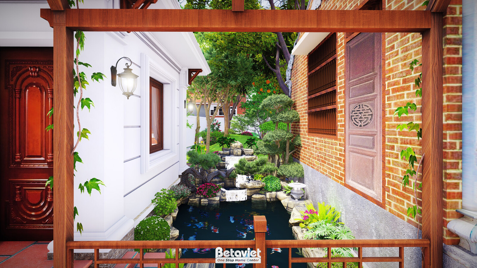 Tiểu cảnh hồ cá koi nhỏ sát tường gạch đỏ trần mộc, giàn pergola gỗ sơn trắng phủ dây leo, cửa sổ gỗ chạm hoa văn. Chậu bo…