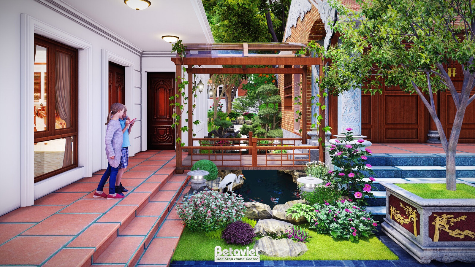 Góc hiên sau nhà với giàn hoa gỗ đỏ phủ dây leo, tiểu cảnh hồ cá sát cửa sổ gỗ chạm trổ, bậc thềm lát gạch đỏ. Hai nhân vậ…