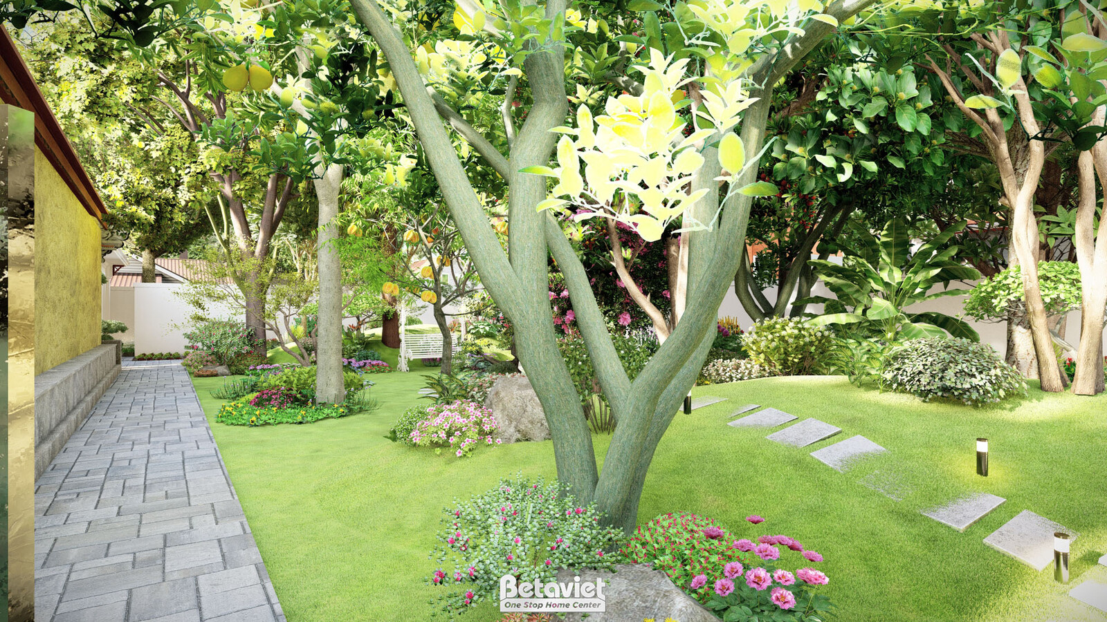 Góc vườn dưới tán cây cổ thụ rợp bóng, đá lát bước chân rải trên thảm cỏ xanh, tường nhà trắng phía bên phải. Ánh sáng dịu…