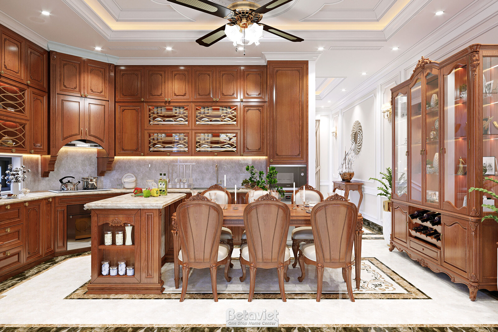 Nội thất phòng ăn biệt thự tân cổ điển NT22207 – góc nhìn tổng thể