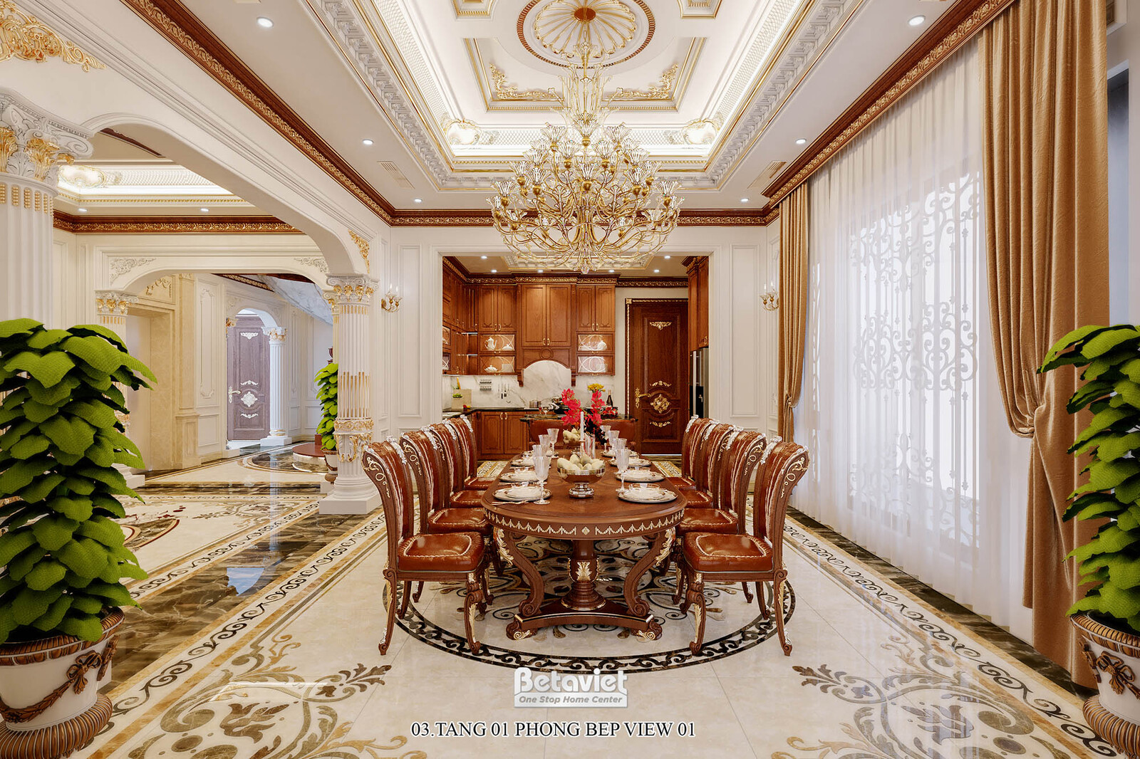 Nội thất phòng ăn dinh thự tân cổ điển NT23024 – góc nhìn tổng thể