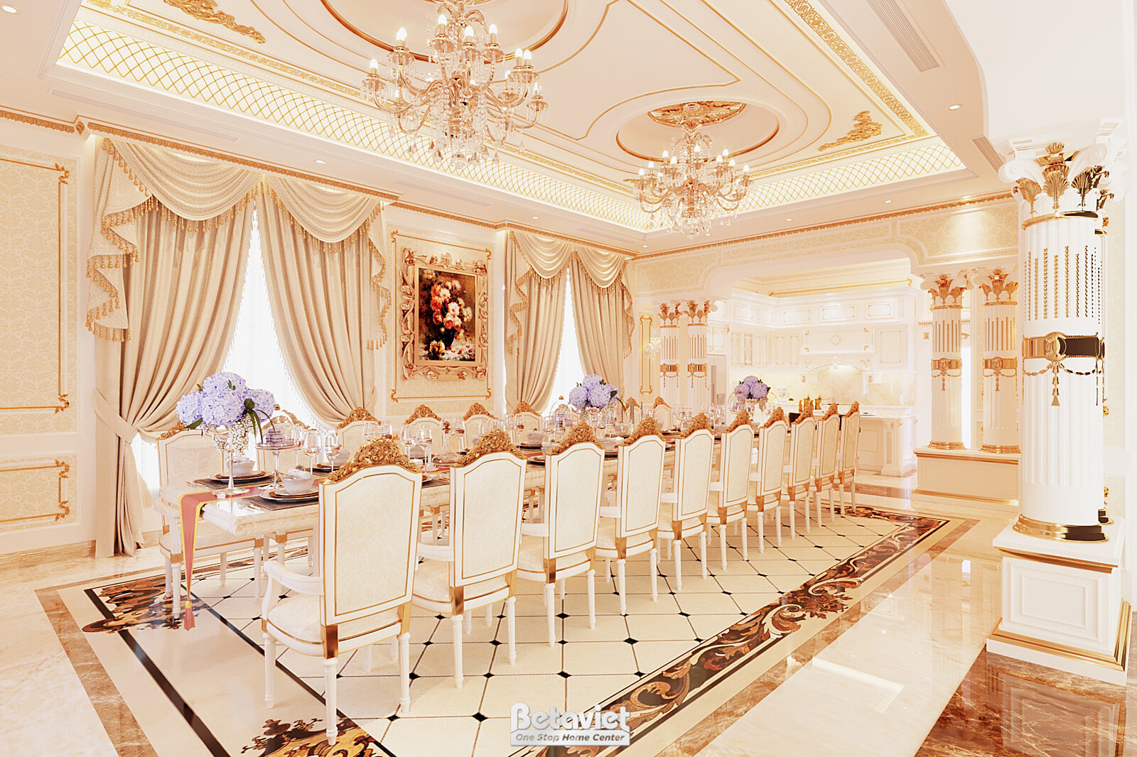 Nội thất phòng ăn dinh thự tân cổ điển NT20158 – góc nhìn tổng thể