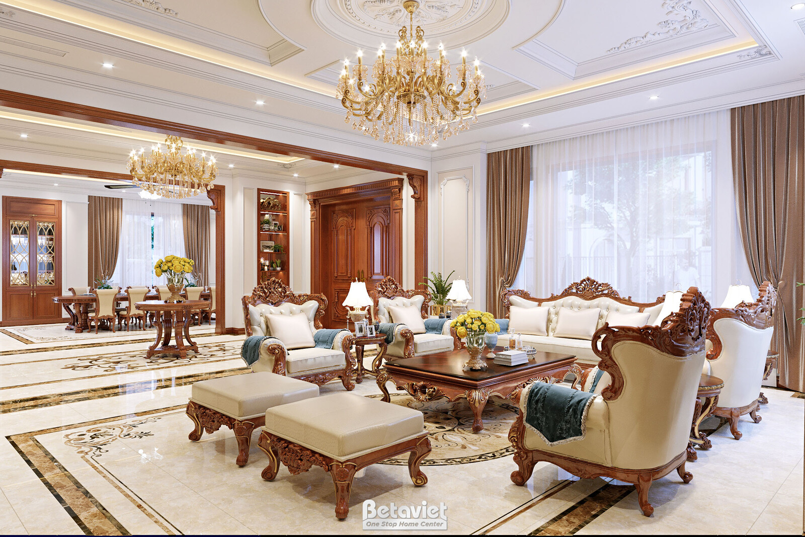 Nội thất phòng khách biệt thự tân cổ điển NT22047 – góc nhìn tổng thể