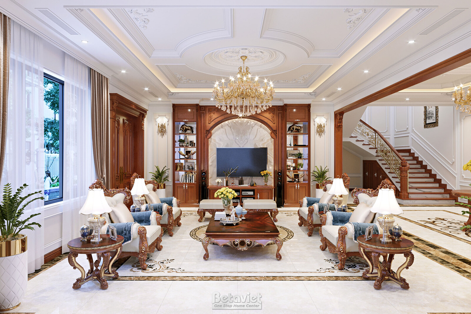 Nội thất phòng khách biệt thự tân cổ điển NT22047 – góc nhìn 2
