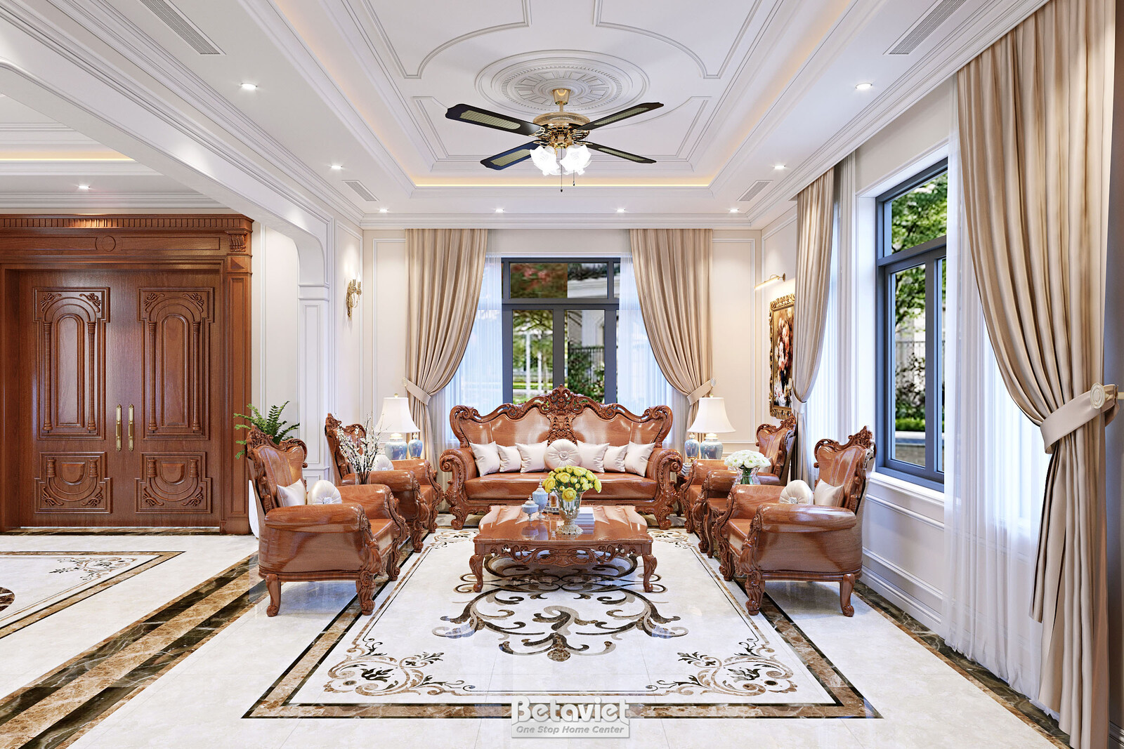 Nội thất phòng khách biệt thự tân cổ điển KT22064 – góc nhìn tổng thể