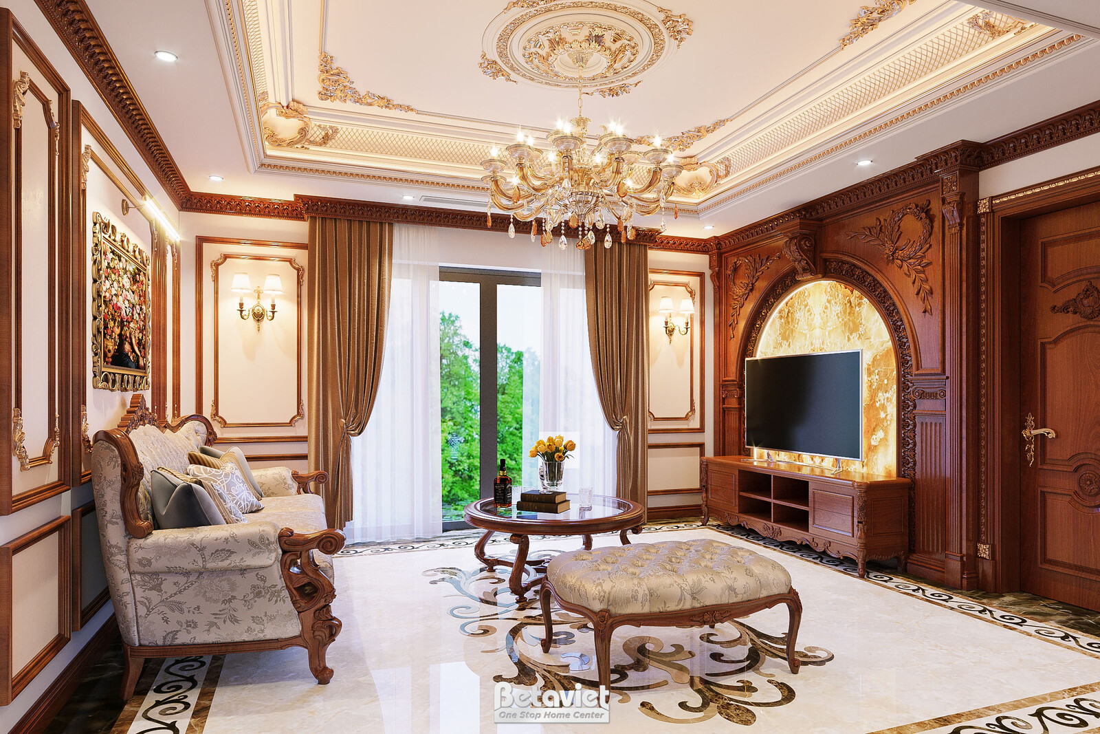 Nội thất phòng sinh hoạt chung biệt thự tân cổ điển NT21013A – góc nhìn tổng thể