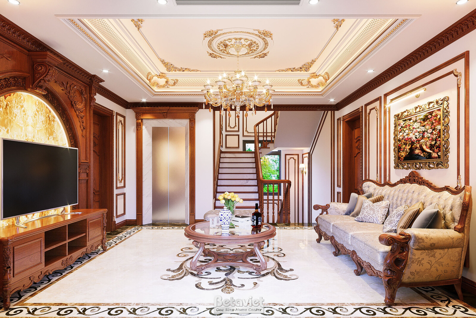 Nội thất phòng sinh hoạt chung biệt thự tân cổ điển NT21013A – góc nhìn 3