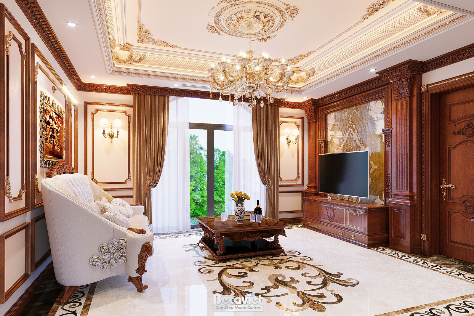 Nội thất phòng sinh hoạt chung biệt thự tân cổ điển NT21013A – góc nhìn 2