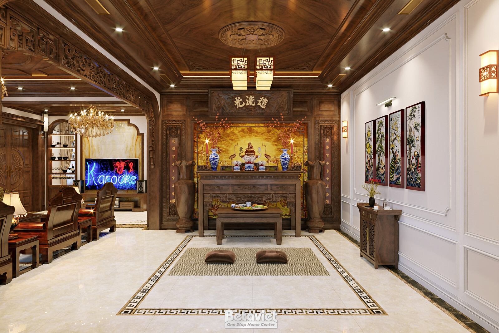 Không gian sinh hoạt trang trọng kết hợp giải trí, tủ gỗ chạm khắc tinh xảo trưng bày đồ sứ đặt giữa hai bộ sofa gỗ. Trần…