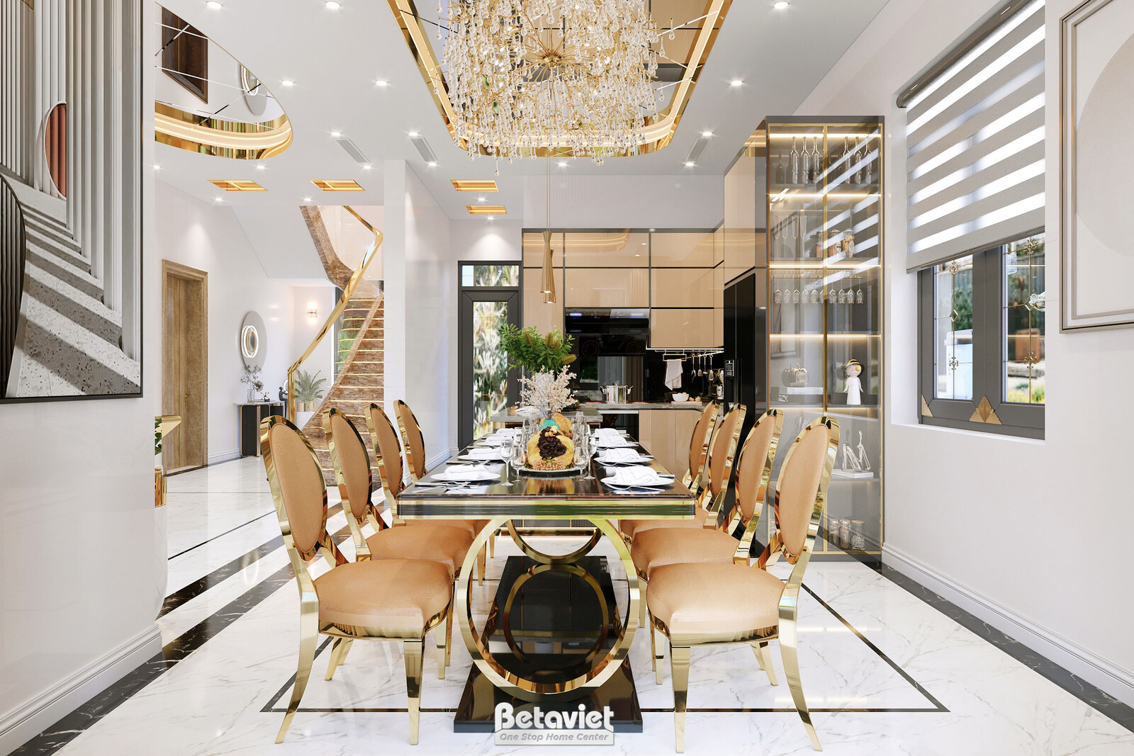 Nội thất phòng ăn biệt thự hiện đại KT23068 – góc nhìn tổng thể