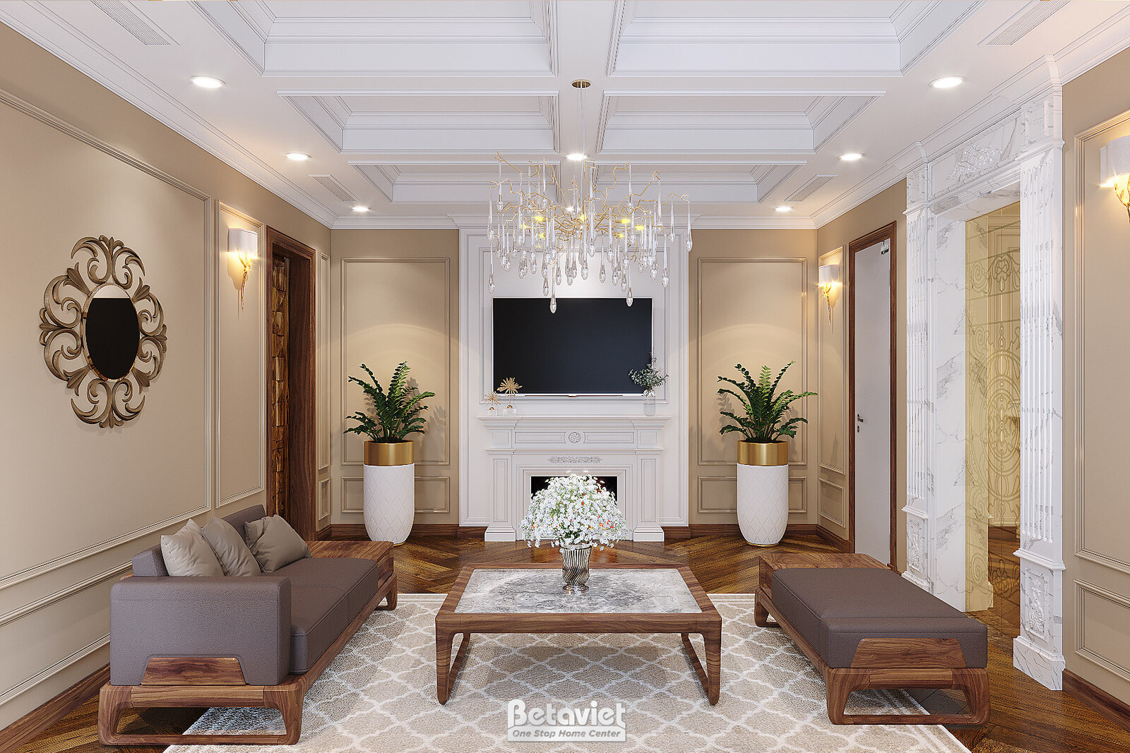 Phòng khách với lò sưởi trang trí ốp trắng, kệ tivi hai bên, gương tròn trên tường, sofa và bàn trà gỗ, trần giật cấp nhiề…