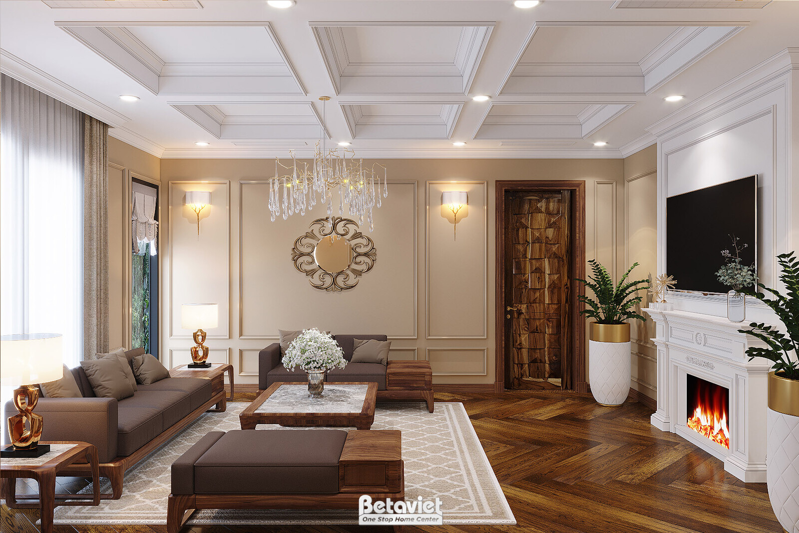 Phòng khách với lò sưởi trang trí, cửa gỗ chạm vân core một bên, sofa và bàn trà, trần coffer ô vuông, đèn chùm pha lê nhỏ…