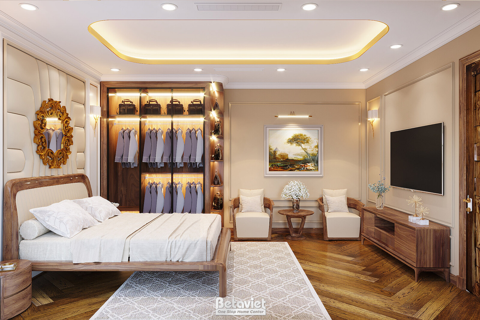 Góc phòng ngủ bố trí sofa tiếp khách nhỏ, kệ tủ mở trưng cà vạt và phụ kiện, tivi treo tường, tranh phong cảnh, sàn gỗ xươ…