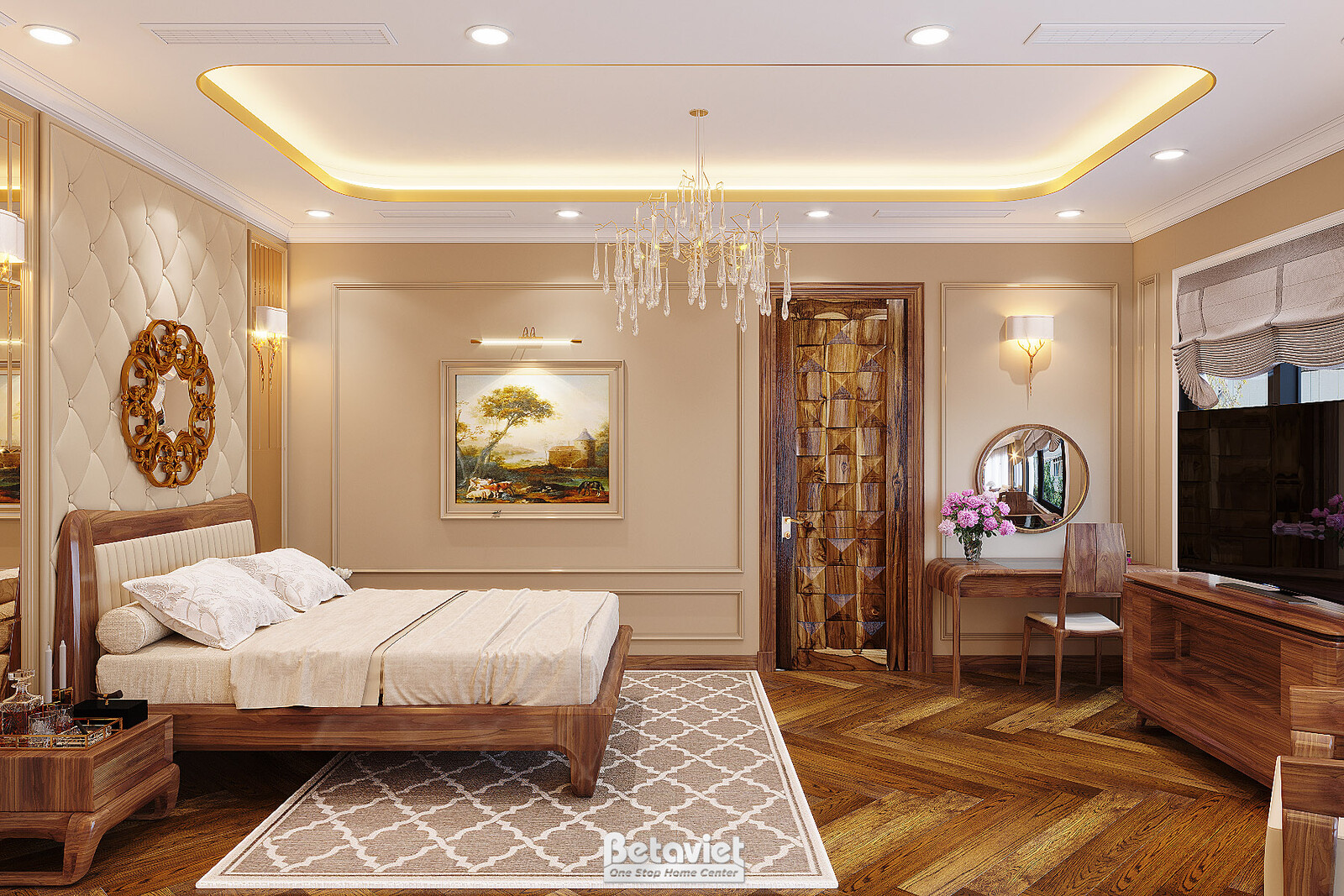 Phòng ngủ khách sạn với đầu giường bọc nệm chần bông, giường gỗ óc chó, đèn chùm pha lê trên trần giật cấp, bàn trang điểm…