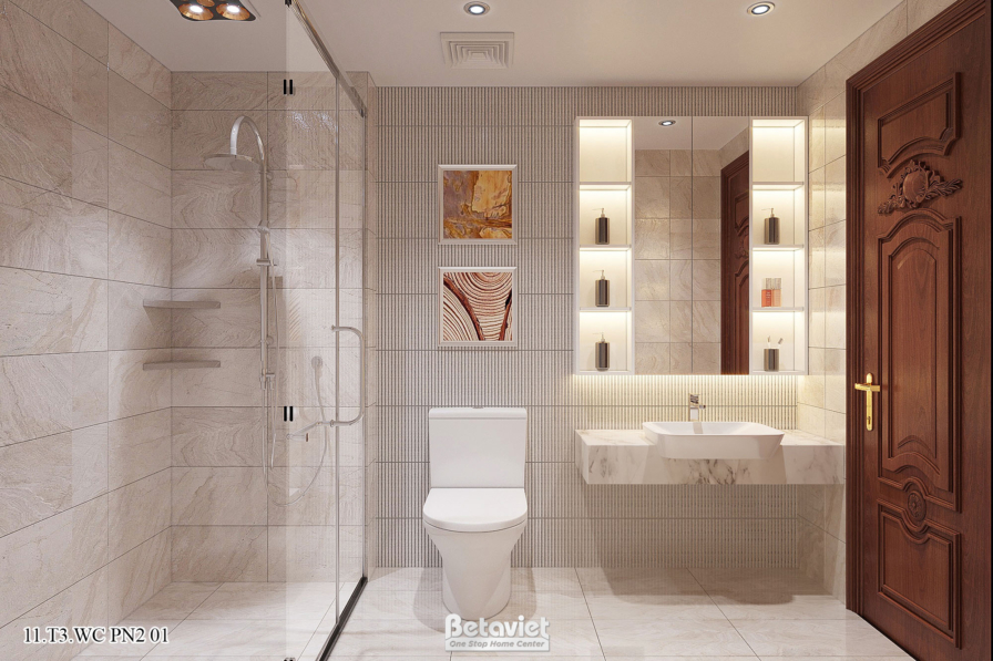Buồng tắm kính cường lực với sen tắm cây, gương đèn LED, tủ kệ trang trí hai bức tranh nghệ thuật màu đất nung, cửa gỗ nâu…