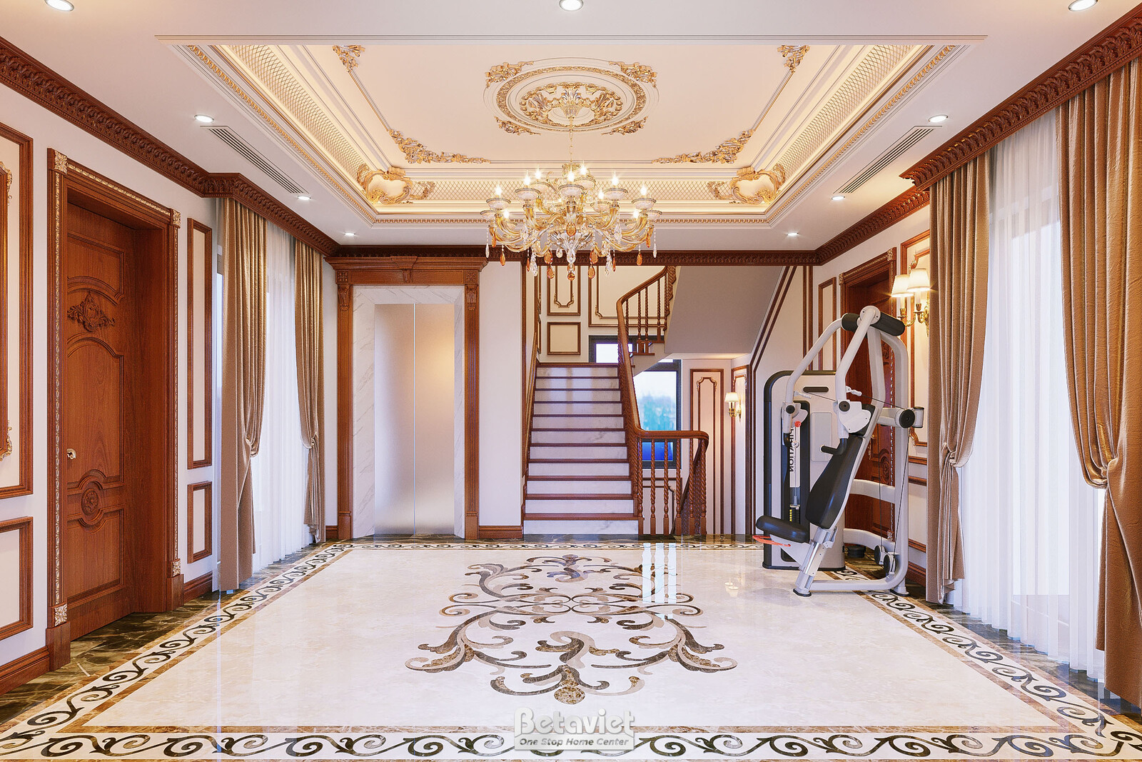 Nội thất phòng tập gym biệt thự tân cổ điển NT21013A – góc nhìn tổng thể