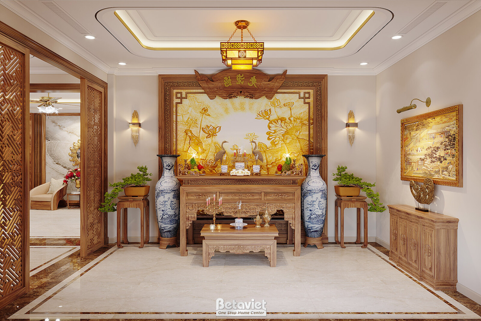 Không gian trang trọng với tủ gỗ chạm khắc tinh xảo, các chi tiết trang trí truyền thống. Sàn lát đá marble với viền họa t…