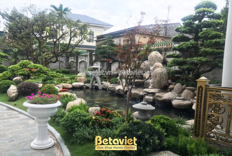 Khóm hoa hồng đỏ và cây bụi nở hoa che một phần mép hồ cá Koi phía trước, chậu đá trắng và đèn đá kiểu Nhật bố trí dọc lối…