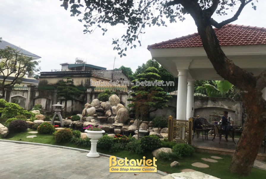 Cụm đá cuội tự nhiên kích thước lớn xếp chồng tạo giả sơn ở góc phải sân vườn, xen cây bụi xanh thấp. Tường bao cũ kỹ và m…