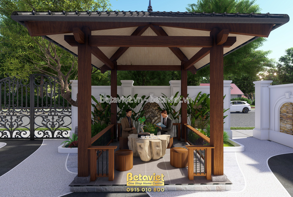 Sân vườn tiểu cảnh biệt thự tại Hà Nội SV20100 – khu chòi nghỉ chân bằng gỗ