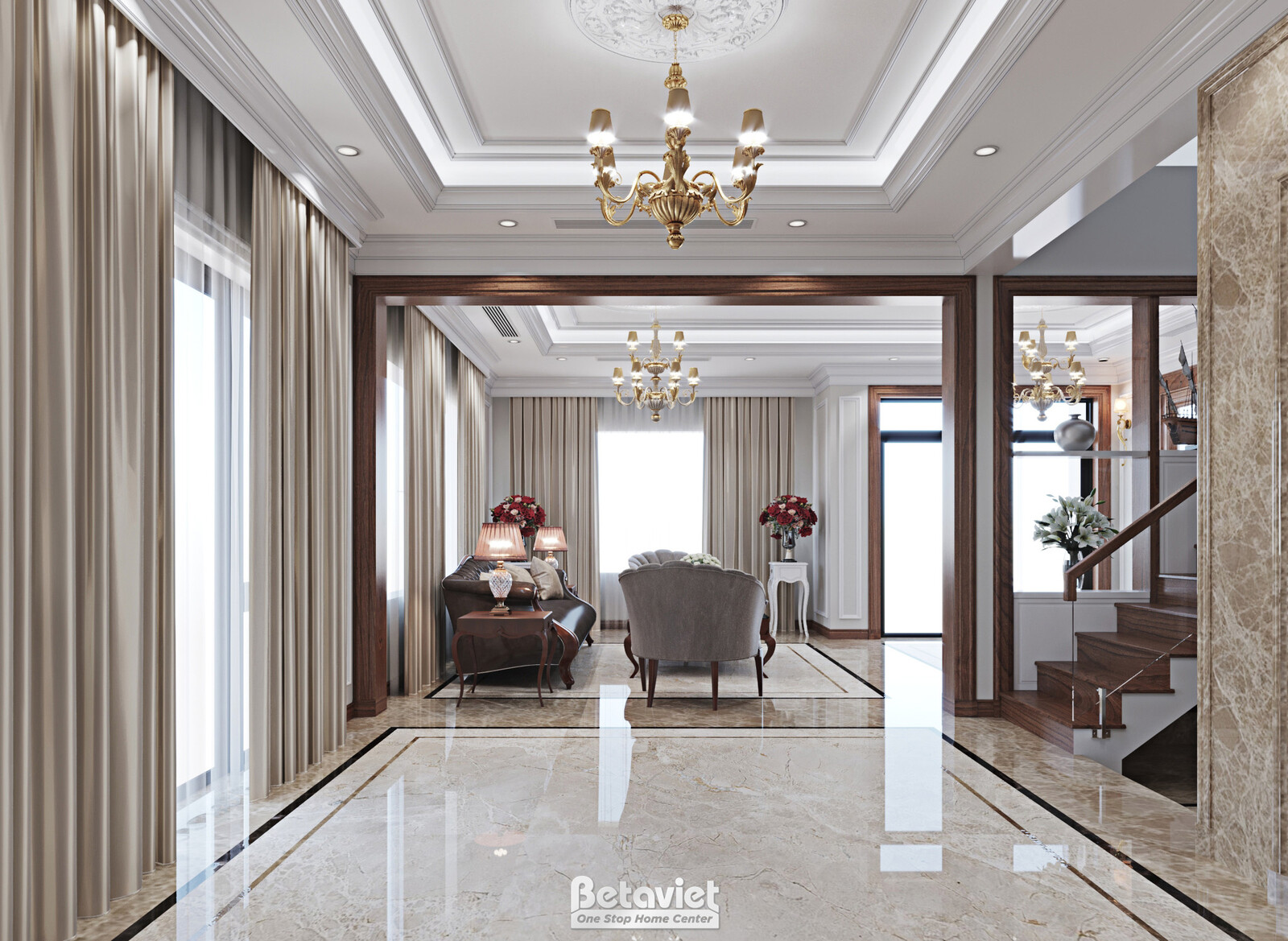 Nội thất hành lang biệt thự tân cổ điển NT23321 – góc nhìn 2