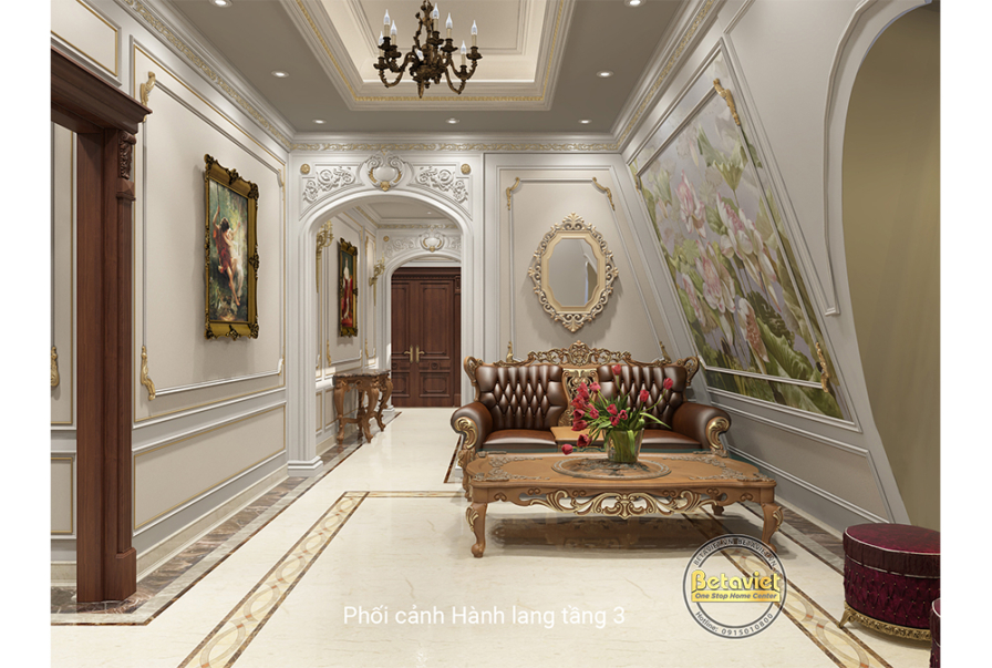 Nội thất hành lang biệt thự tân cổ điển NT22030 – góc nhìn tổng thể