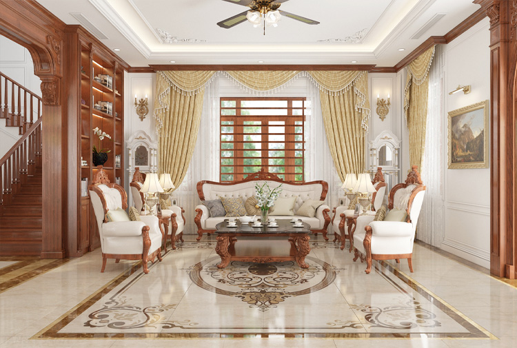 Trần cao phòng khách biệt thự tân cổ điển KĐT Đại Dương NT21048 – hệ đèn chùm pha lê